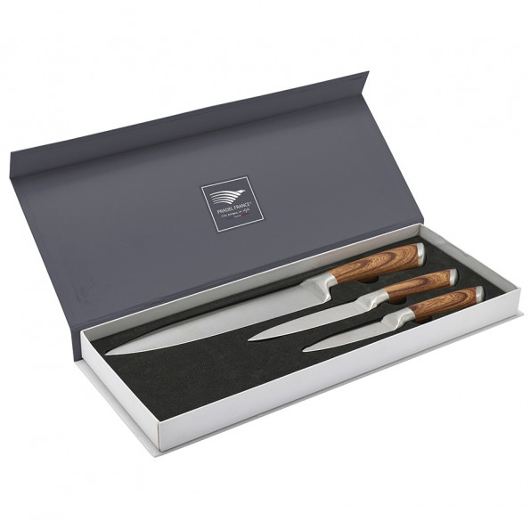 Coffret 3 couteaux tout inox effet bois9380